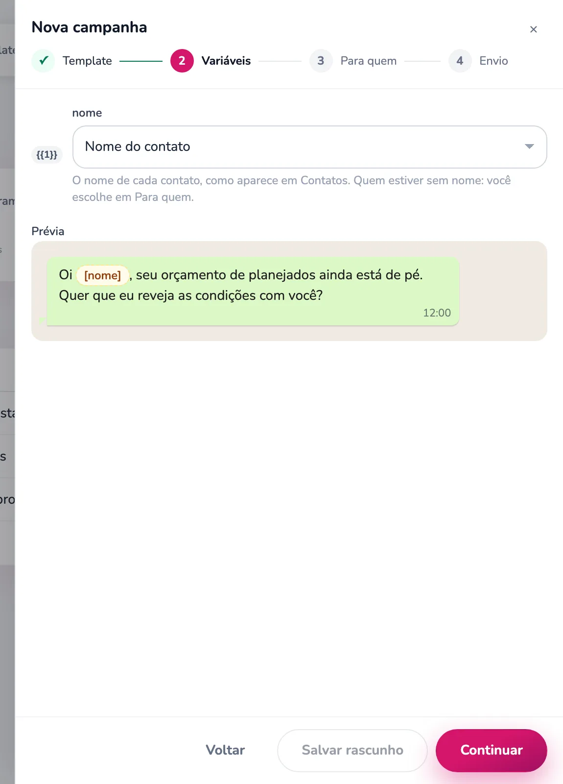 Tela do Pink com um modelo aprovado pela Meta, o nome do contato preenchido e a prévia de como a mensagem chega no WhatsApp